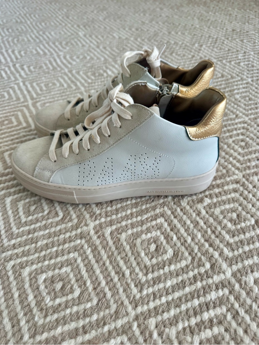 P448 mid high Women's White High-Top Sneakers with Gold Accent
